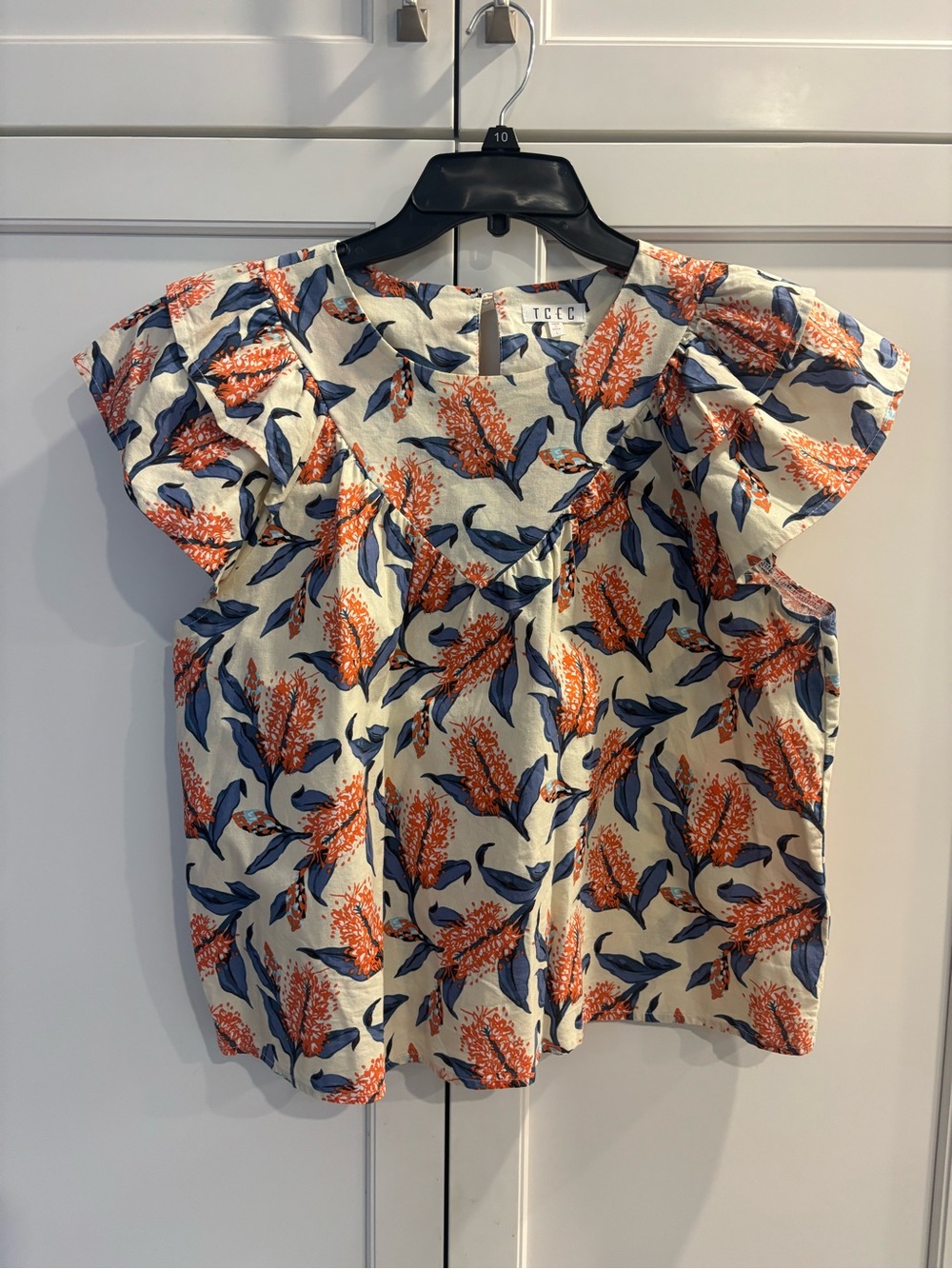 TCEC Cream Floral Puff-Sleeve Top with Orange & Blue Print